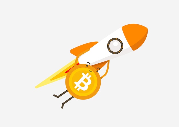 Bitcoin going to the moon by flying rocket. Cryptocurrency cartoon concept.