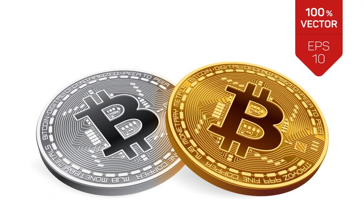 Bitcoin. Золотые и серебряные монеты с биткойн изолированы. Криптовалюта.