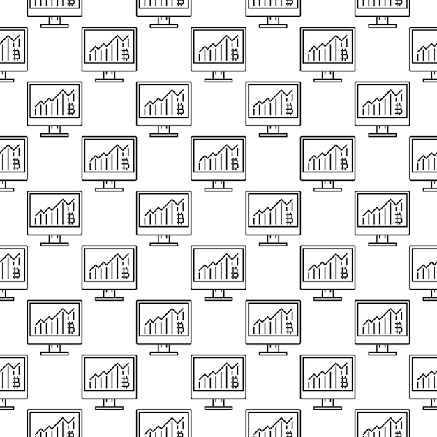 Bitcoin-grafiek op PC Toon vector Cryptocurrency naadloos patroon in outline-stijl