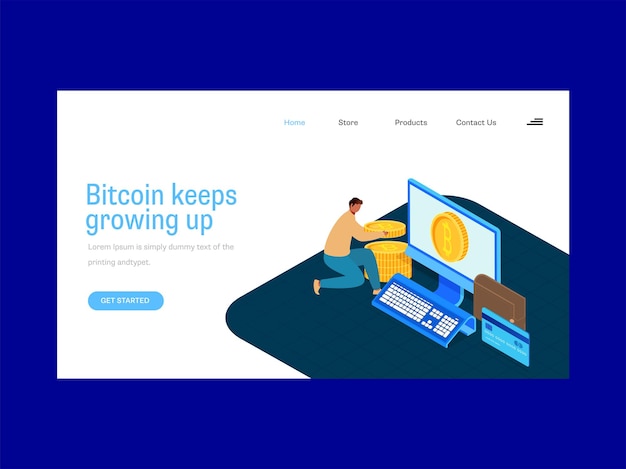 青と白の色のビットコイン成長ベースのランディングページデザイン。