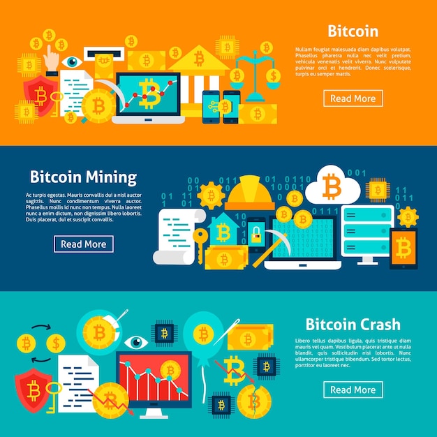 Bitcoin horizontale banners. Vectorillustratie voor Website Header. Crypto valuta items plat ontwerp.