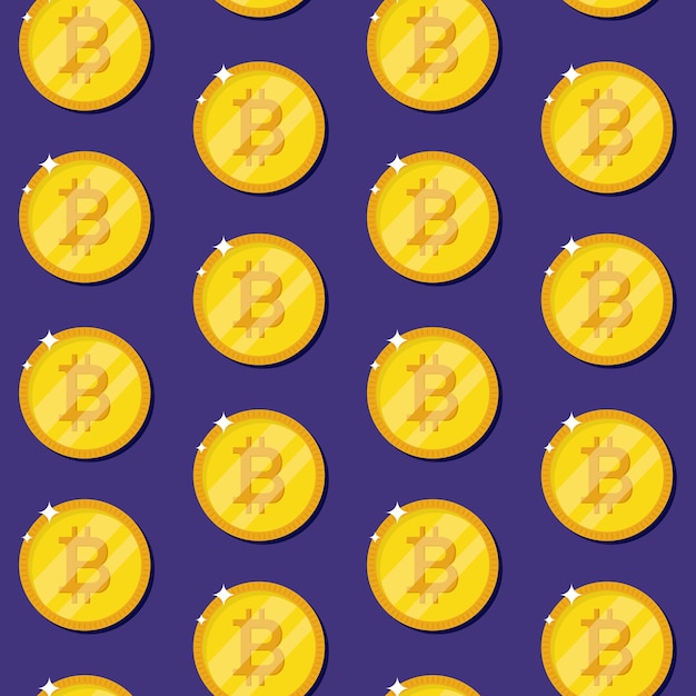 Биткойн интернет валюты монеты бесшовные модели. золотые монеты на синем фоне. криптовалюта. иллюстрация