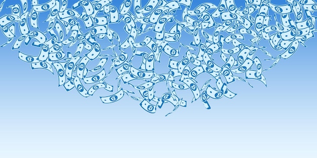 Вектор Биткойн, падают банкноты в интернете. плавающие банкноты btc на фоне голубого неба. криптовалюта, цифровые деньги. очаровательные векторные иллюстрации. идеальная концепция джекпота, богатства или успеха.