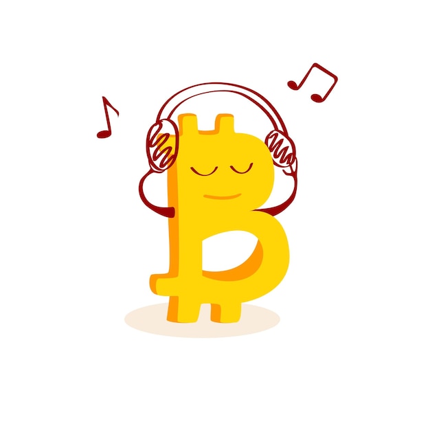 Bitcoin karakter luistert naar muziek Concept van Crypto valuta Vector cartoon afbeelding
