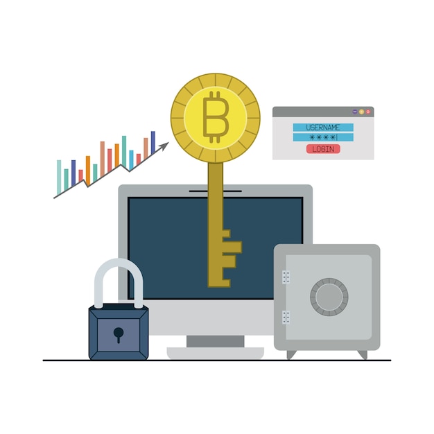 bitcoin key login closeup with desktop computer and safe