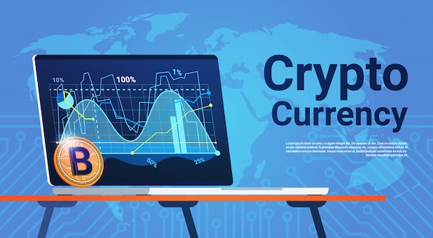 세계지도 디지털 웹 돈 암호화 통화 개념을 통해 노트북 컴퓨터에 Bitcoin