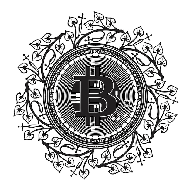 Bitcoin logo and floral frame with flowers Handmade silhouette