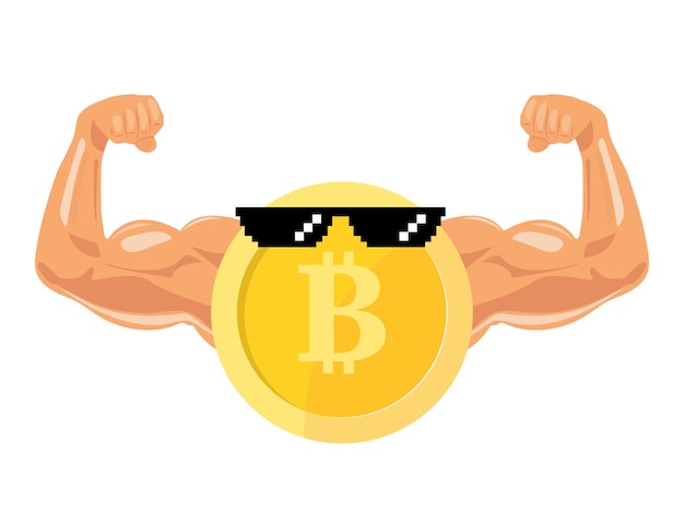 Bitcoin met spieren en suglasses Humoristische illustratie Bitcoin kracht en waardegroei concept