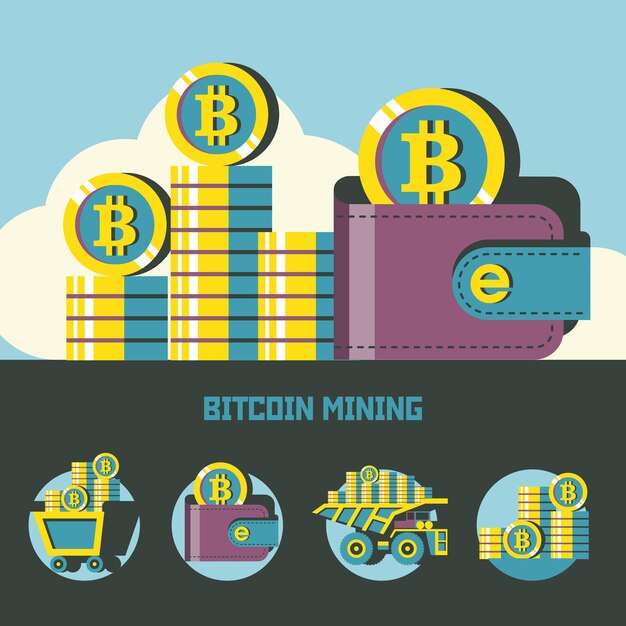 Bitcoin-mijnbouw. cryptogeld. vectorconcept. set van vector emblemen. trolley met bitcoins, portemonnee met bitcoins, stapel munten.