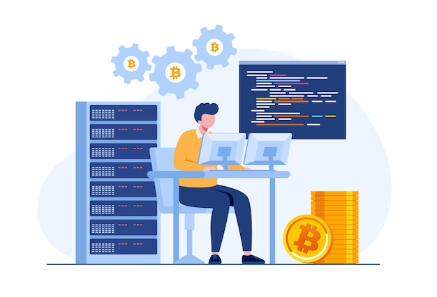 Bitcoin-mijnbouw met supercomputer, muntlandbouw, cryptocurrency-concept, vlakke illustratievector