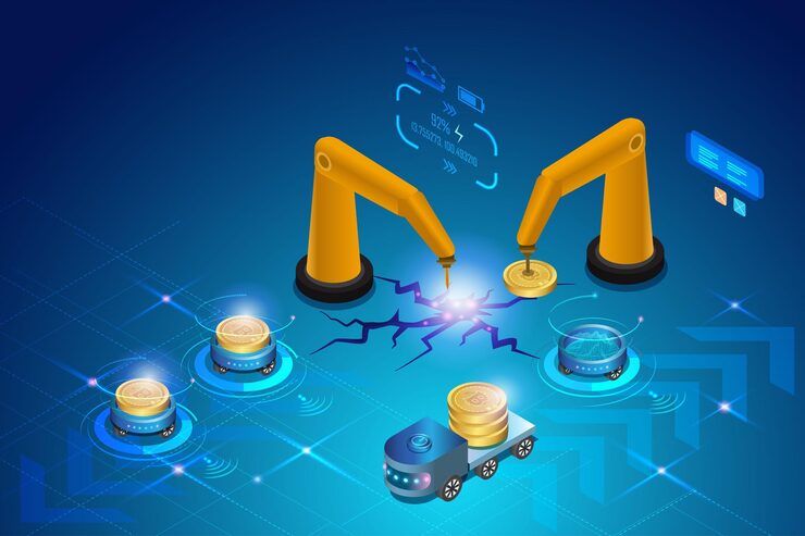 Vector 가상 gpu 시뮬레이션 팜에서 광부 및 엔지니어링 팀 굴착기 기계 처리가 포함된 비트코인 마이닝 암호화 마이닝 렌더링 시스템