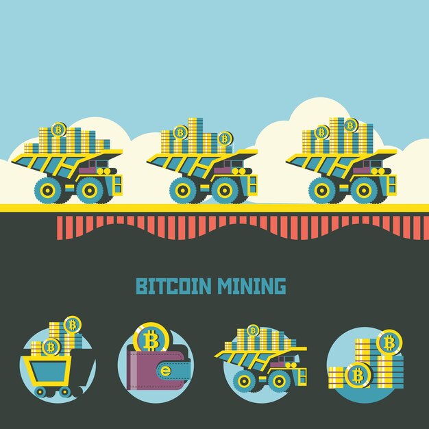 Estrazione di bitcoin. criptovaluta. concetto di vettore. l'autocarro con cassone ribaltabile trasporta bitcoin. set di emblemi di vettore. carrello con bitcoin, portafoglio con bitcoin, pila di monete.