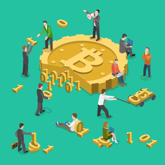 Bitcoin mining flat isometric low poly vector concept