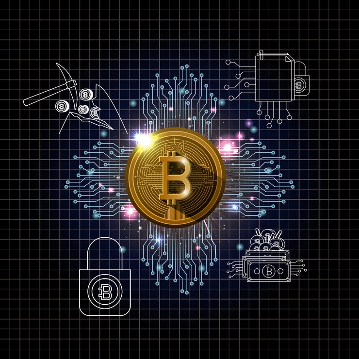 Vector bitcoin mining set icons vector illustration design