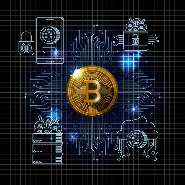 Progettazione stabilita dell'illustrazione di vettore delle icone di estrazione mineraria del bitcoin