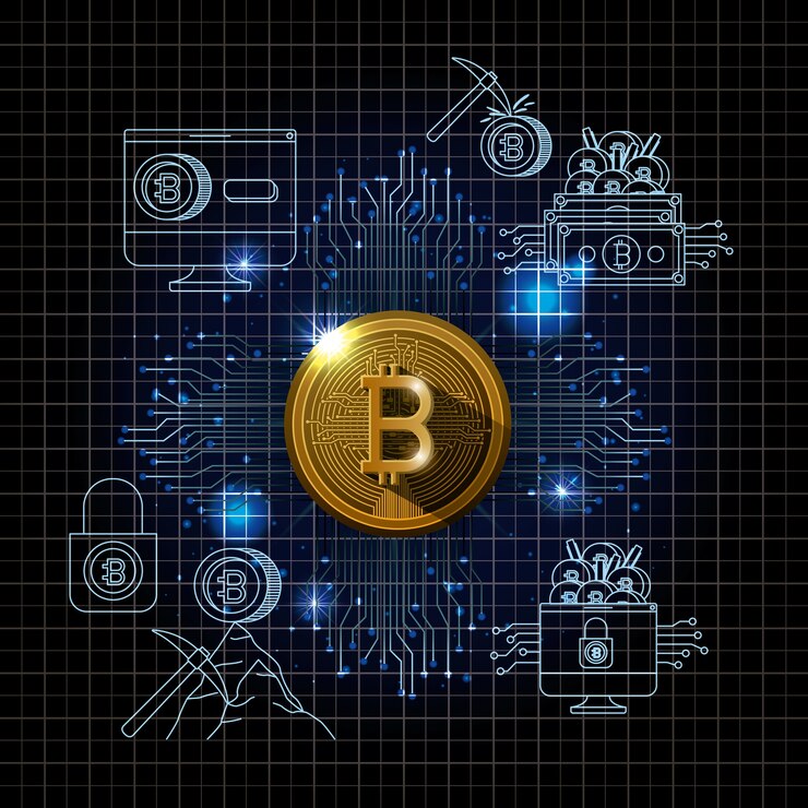 Vector bitcoin mining set icons vector illustration design