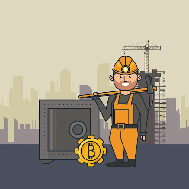 Vector bitcoin mining strongbox and worker with pick