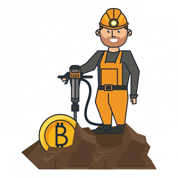 Bitcoin mining and worker with drill