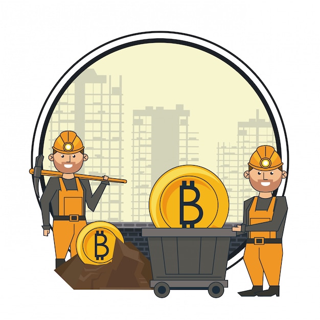 Bitcoin mining and workers with pick