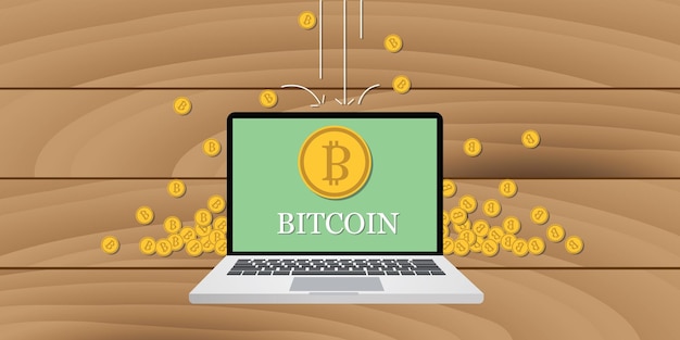 Soldi bitcoin con laptop e moneta d'oro