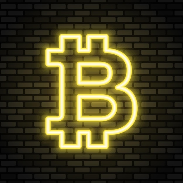 Bitcoin-neonpictogram Geel neonteken op donkere bakstenen muur