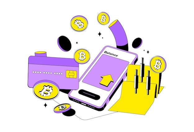Vector bitcoin of cryptocurrency handelsplatform met creditcardkandelaar en mobiele telefoon