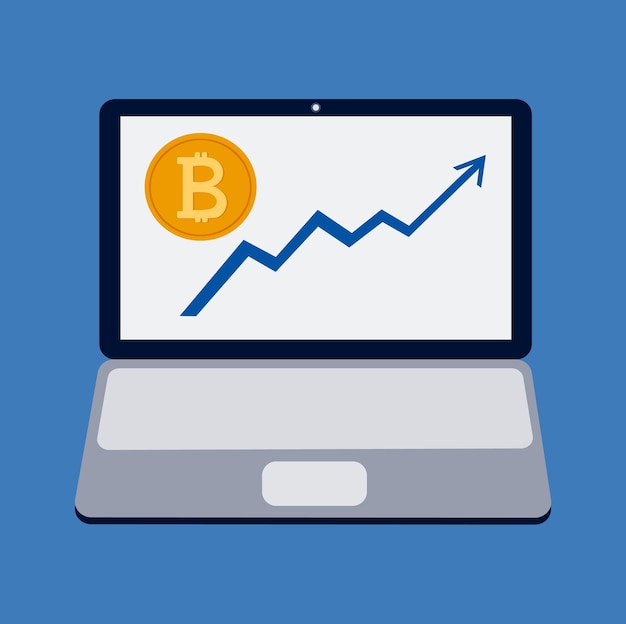 Bitcoin opgroeien grafiek vector afbeelding illustratie met laptop op blauwe achtergrond