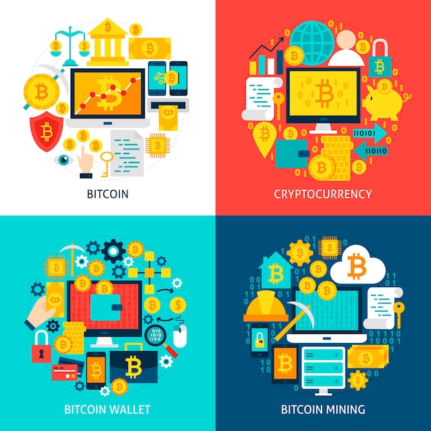 Bitcoin platte concepten. Posterontwerp vectorillustratie. Set van Cryptocurrency-objecten.