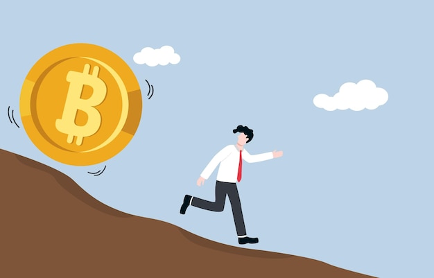 Bitcoin price falling down concept. Businessman running away from bitcoin rolling down mountain.