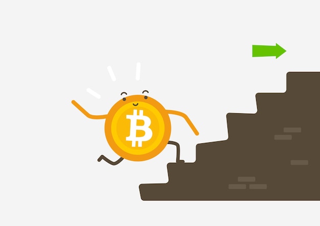 Bitcoin running up the stairs when the value is higher. Cryptocurrency cartoon concept.