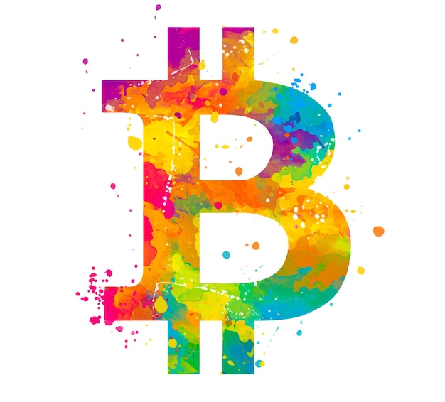 Vettore bitcoin segno acquerello arcobaleno splash vernice concetto di criptovaluta