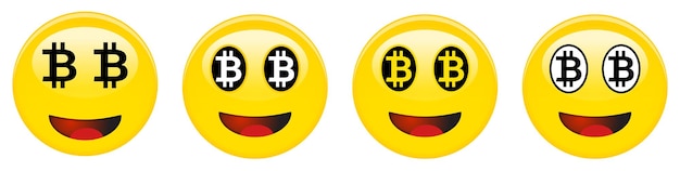 Bitcoin smiley-emoticon. Gele lachende 3D-emoji met zwart-witte btc-symbolen in plaats van ogen en rode geopende mond.