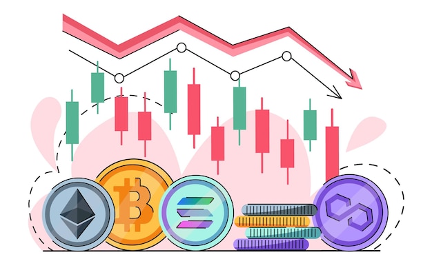 ビットコイン ソラナ ポリゴン イーサリアム コインが落ちる クリプトカレンシー市場でクマの赤い下向きの矢印