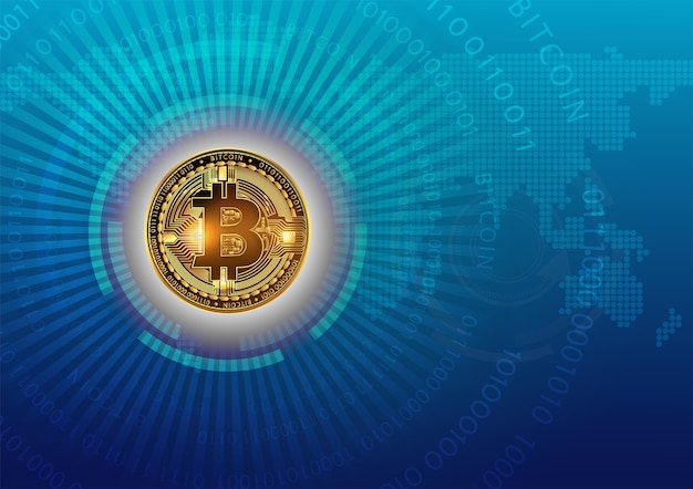Simbolo di bitcoin e codice binario su sfondo blu scuro