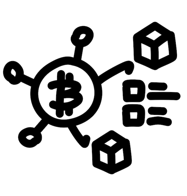 bitcoin symbol connected to multiple nodes and sending out data packets symbolizing blockchain tech