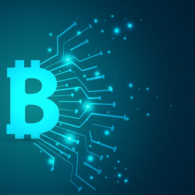 光沢のある青い背景にBitcoinのシンボル。