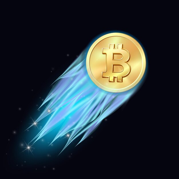 Vector bitcoin take off flaming bitcoin with blue fire flying up like rocket cryptocurrency growth