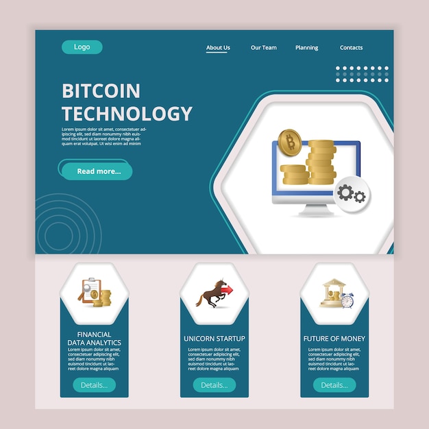 Vector bitcoin technology flat landing page website template