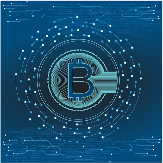 미래 비즈니스 w를 위한 Cryptocurrency를 위한 원형 회로 기판 주변의 Bitcoin 벡터 디자인