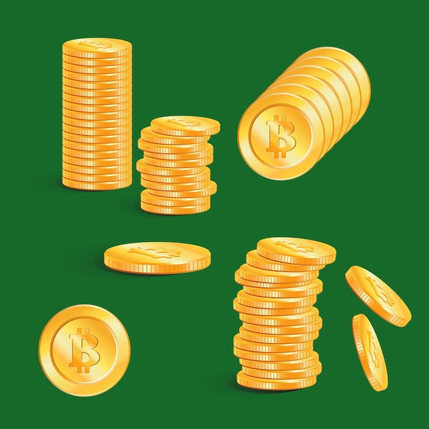 Bitcoin vector pictogram geïsoleerd op een groene achtergrond eenvoudig symbool cryptocurrency bitcoin virtuele valuta stapels gouden munten