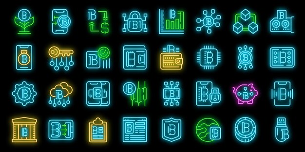 Bitcoin wallet icons set vector neon