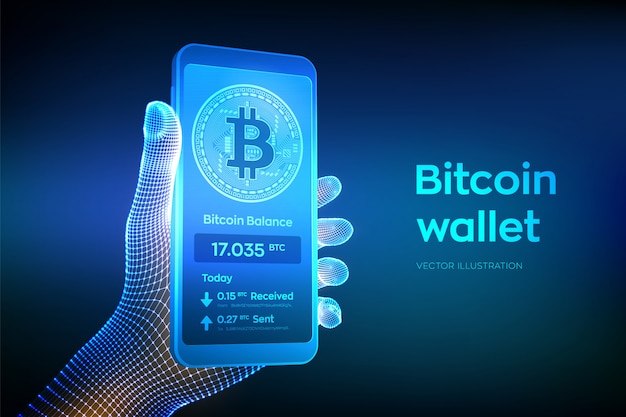 Bitcoin wallet interface on smartphone screen. Closeup mobile phone in wireframe hand.