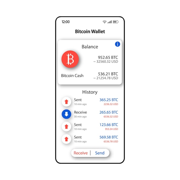 Bitcoin wallet smartphone interface vector template. Mobile app page white design layout. Cryptocurrency organizer screen. Flat UI for application. Monetary transactions phone display