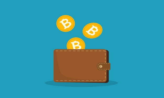 ビットコインウォレット ベクトルイラスト 茶色のウォレットと青いデジタル背景のビットコイン