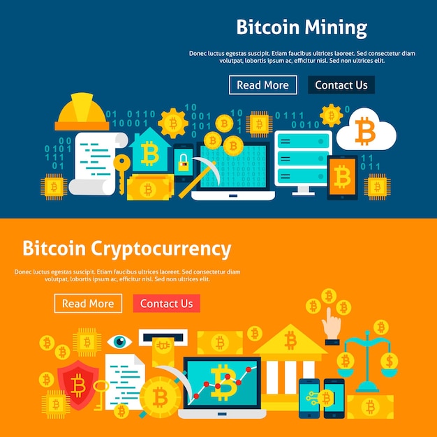 Bitcoin Website Banners. Vector Illustration for Web Header. Cryptocurrency Flat Design.