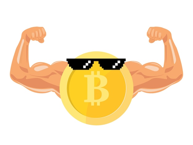 Vector bitcoin with muscles and suglasses humorous illustration bitcoin power and value growth concept