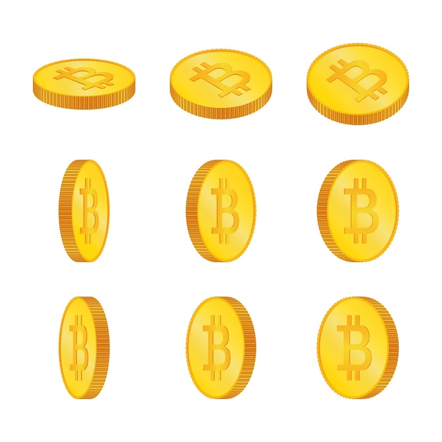 Vector bitcoins 3d isometrische fysieke munten valuta gouden munten met bitcoins-symbool geïsoleerd op zwarte achtergrond vectorillustratie