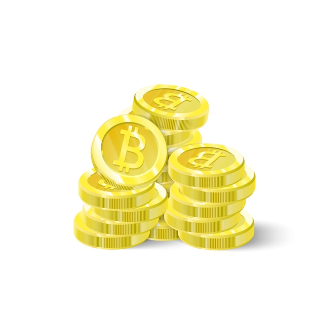 Bitcoins, 격리 동전의 스택. 디지털 미래의 암호 화폐, 광업, 전자 결제.