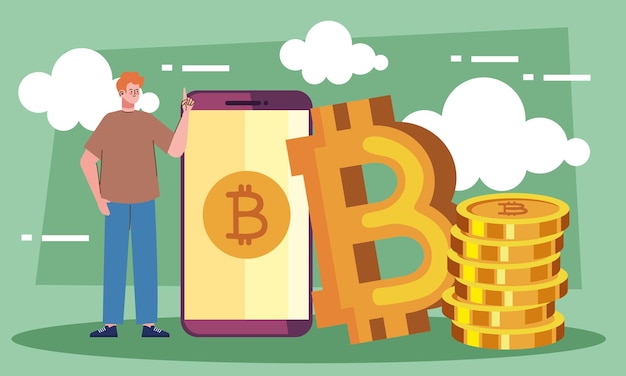 Bitcoins in smartphone with man