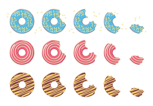 Donut morso pasta dolce rotonda di cartone animato cotta con crema e glassa pasticceria fritta piatta con caramello al cioccolato e spruzzate set isolato vettoriale